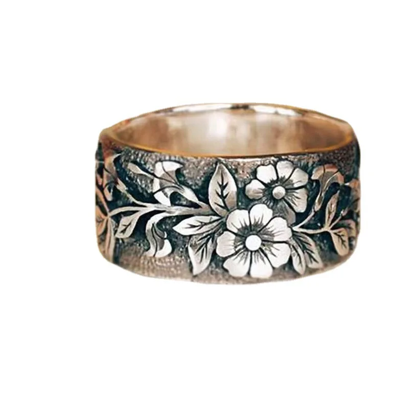 

Explosive Punk Ring European and American Retro Thai Silver Black Flower Animal Couple Ring