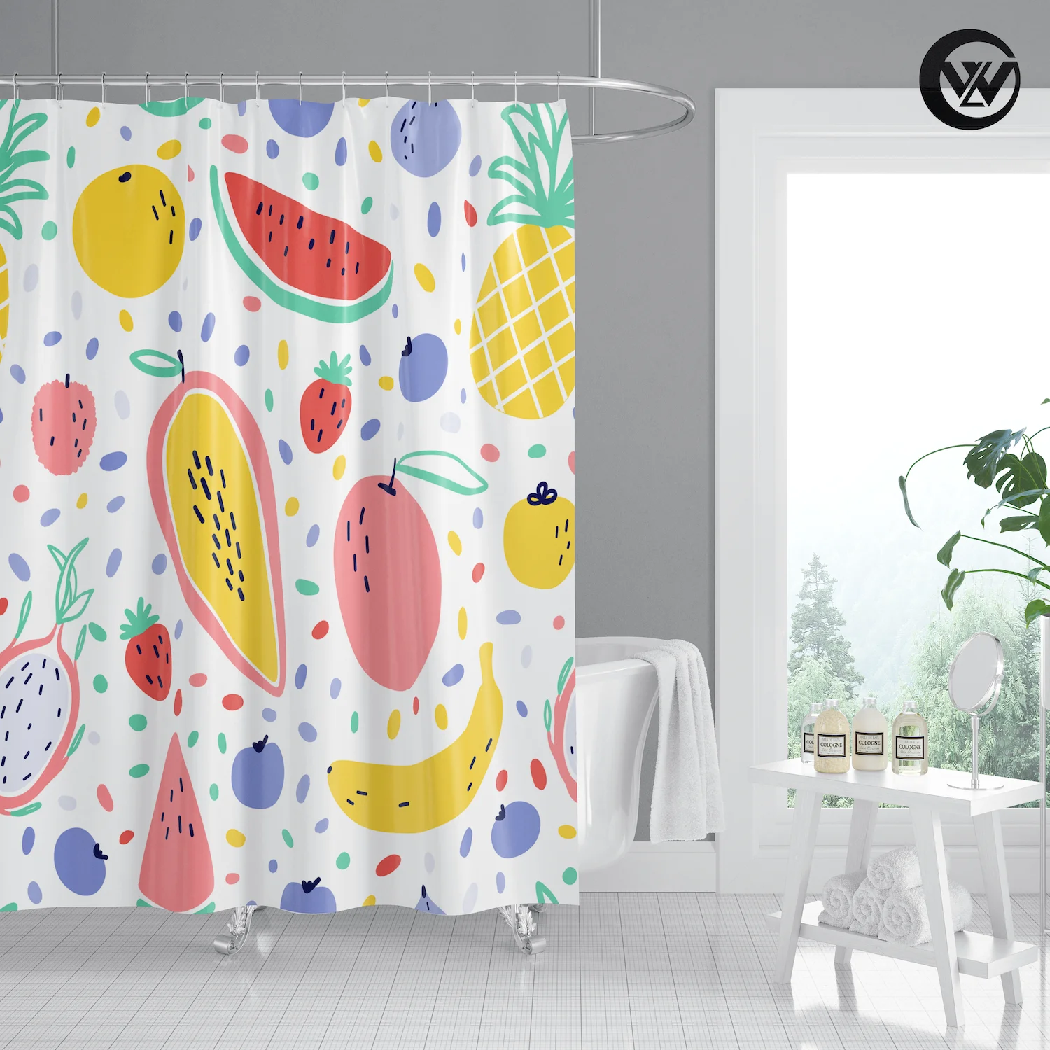 Fancy Bathroom Curtain 3D Geometric Fruit Papaya Waterproof Shower Curtian Liner Printed Cute Watermelon