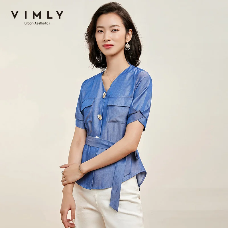 Женская блузка с v образным вырезом Vimly голубая однобортная в офисном стиле