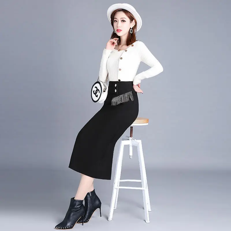 

2021 New Autumn Winter Women Solid Color High Waist Plus Velvet Thickening Skirt Elegant Tassel Side Slit Sexy Female Y260