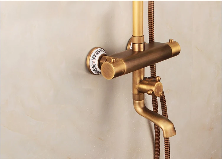 Античный латунный термостатический смеситель для душа с двумя ручками ванной