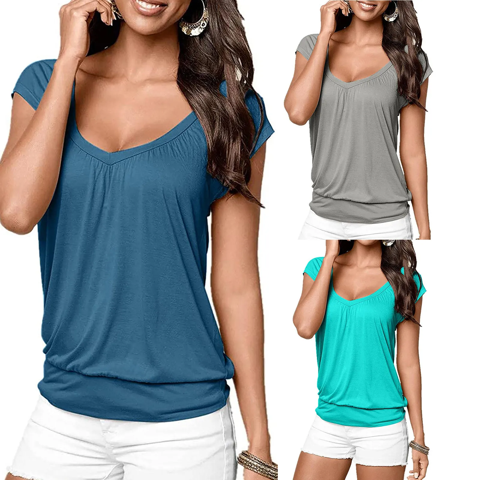 

Women Cute Tops Sexy Pullover V-neck Soild Short Sleeve T-Shirt Blouse Tees Summer Clothes For Women Fashion Casual T-shirts