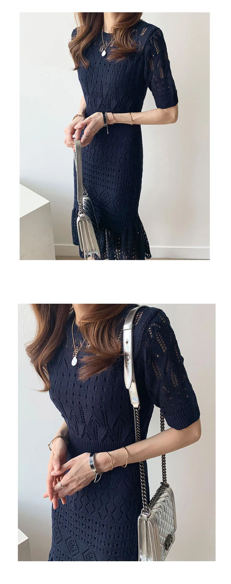 HAMALIEL новые модные женские Синие Трикотажные миди платья летние выдалбливают Bodycon оборка в виде рыбьего хвоста платье Элегантное эластичное платье-свитер