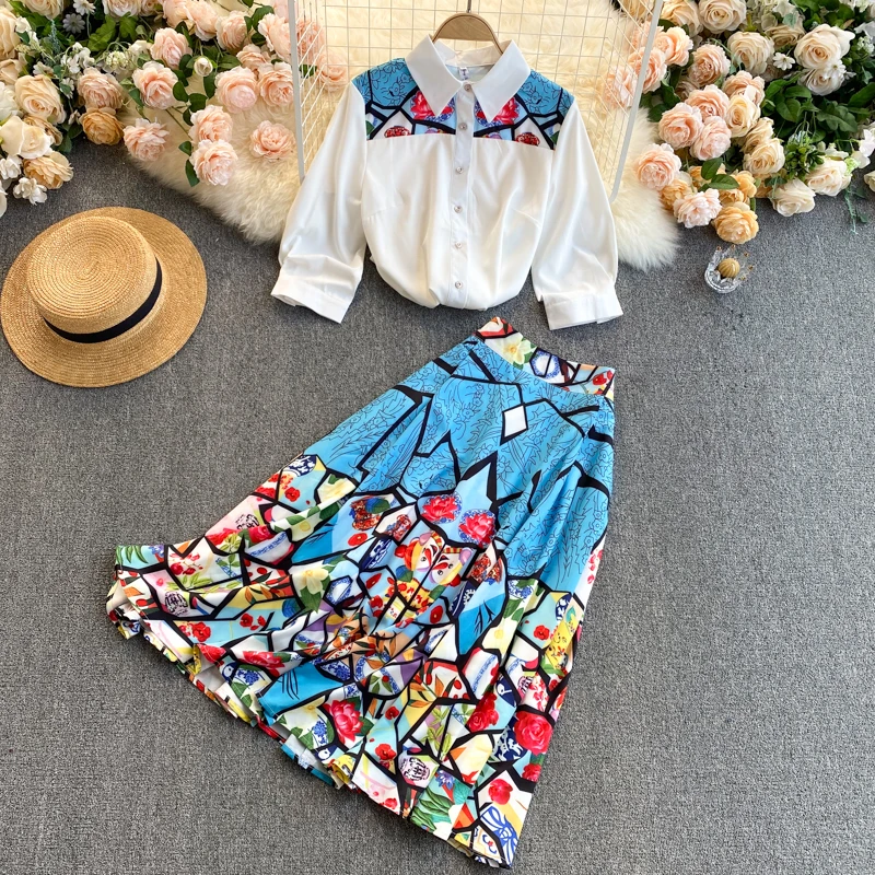 

2021 New Fashion Women Lapel Print Casual Shirt + High Waist Slim Print Skirt Two Piece Skirts Sets