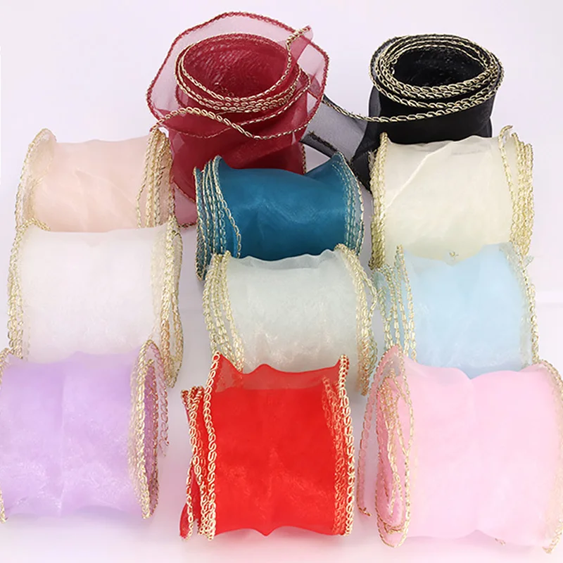 

5cm Gold Edge Wave Silk Organza Ribbon Bow Material for DIY Hair Ornament Gift Wrapping Decoration Lace Ribbons Decorations 1m