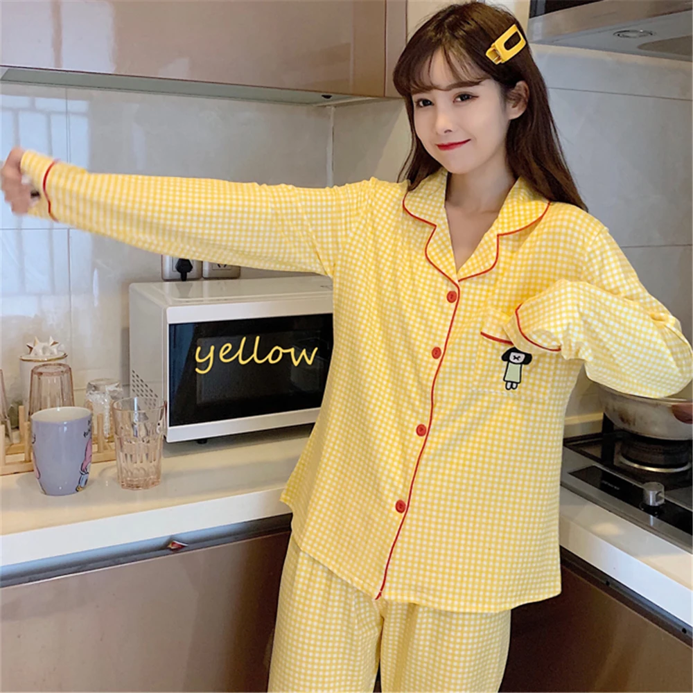 

Sleepwear Female Mujer Nightsuit Homewear Silka Surplus Women Plaid Printed Pyjamas Long Sleeve Pajamas Set 100% Cotton Cartoon