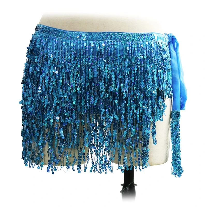 

Women Sequin Tassel Lace-up Sexy Wrap Mini Skirt Belly Dance Hip Scarf Glitter Waist Chain Stage Performance Costume
