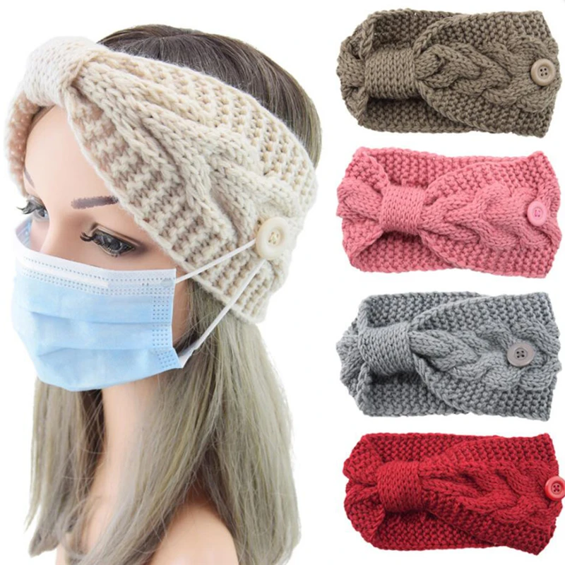 

Autumn Winter Twist Cross Knot Hairband Woolen Knitted Headband For Women Solid Color Ear Warmer Button For Mask Holder Headwrap