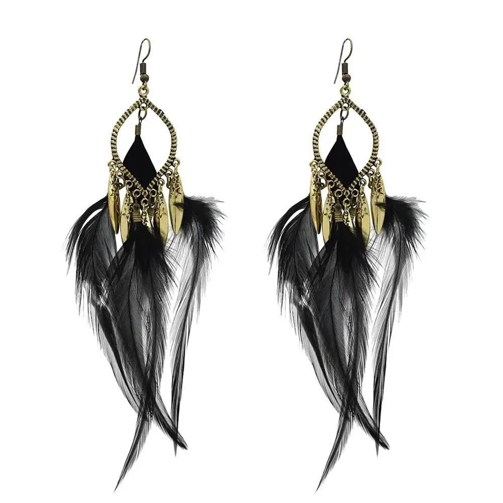 

Ethnic Black Brown Feather Drop Earrings for Women Boho Gypsy Turkish Party Feather Earring Tribal pendientes Jewelry Gift