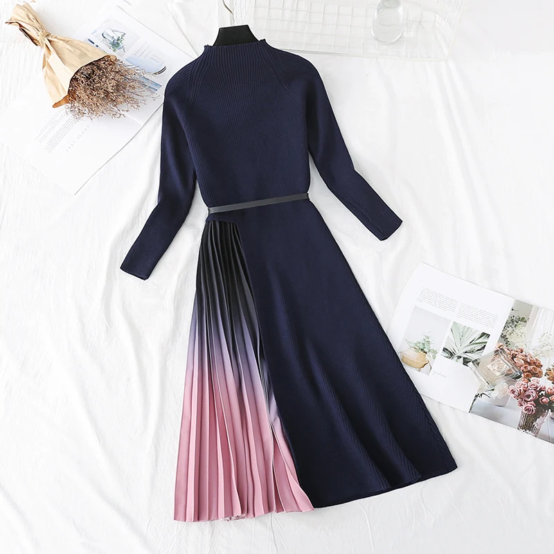 

Knitted Dress Spring and Autumn Women's Temperament High Waist Slim Fit Slimming Long Sweater Stitching Gradient Pleated Dress
