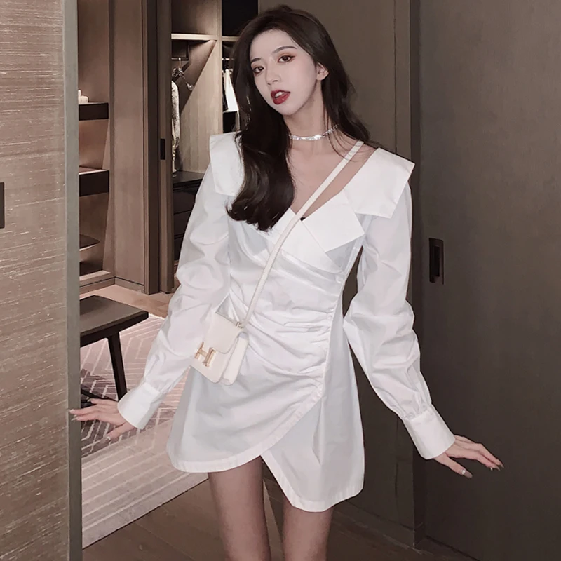 

French V-neck Shirt Dress Sexy Mini Women Designer Undefined Dress 2021 Spring Clothing Ladies Puff Sleeve Elegant Party Dresses