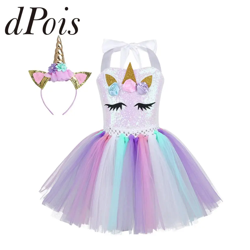 

Teen Kids Girls Dance Dress with Hair Hoop Party Dance Wear Ballet Sequins Mesh Tutu Mesh Dress Halter Neck Cheerleading Costume