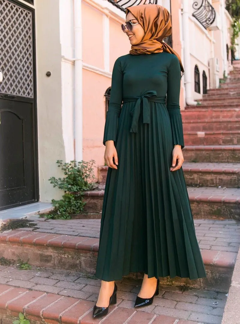 

Muslim Dress Kalenmos Ramadan Islamic Clothes Women Party Night Turkey Abaya Wrinkle Flare Sleeve Drapted Solid Pleated Dresses
