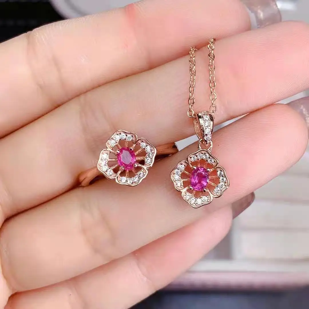 

Natural Papalacha Pink Sapphire S925 Sterling Silver Ring Pendant Necklace Set Charming Fine Fashion Jewelry for Women MeibaPJFS