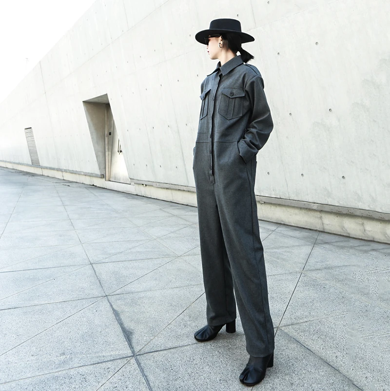 

Loose Fit Pocket Split Wide Leg Women Jumpsuit New High Waist Pocket Stitch Pants Fashion Tide Spring Utumn 2020 1388
