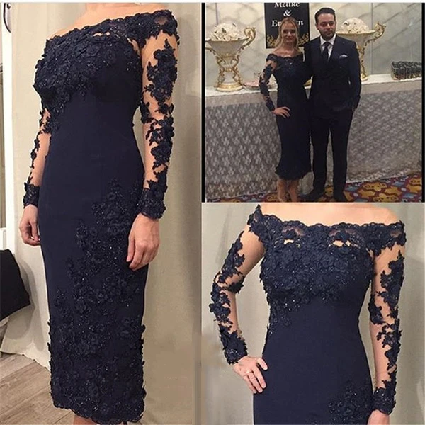 

Plus Size Mother Of The Bride Dresses Sheath Tea Length New Lace Long Sleeves Appliques Beaded Groom Mother Dresses For Weddings