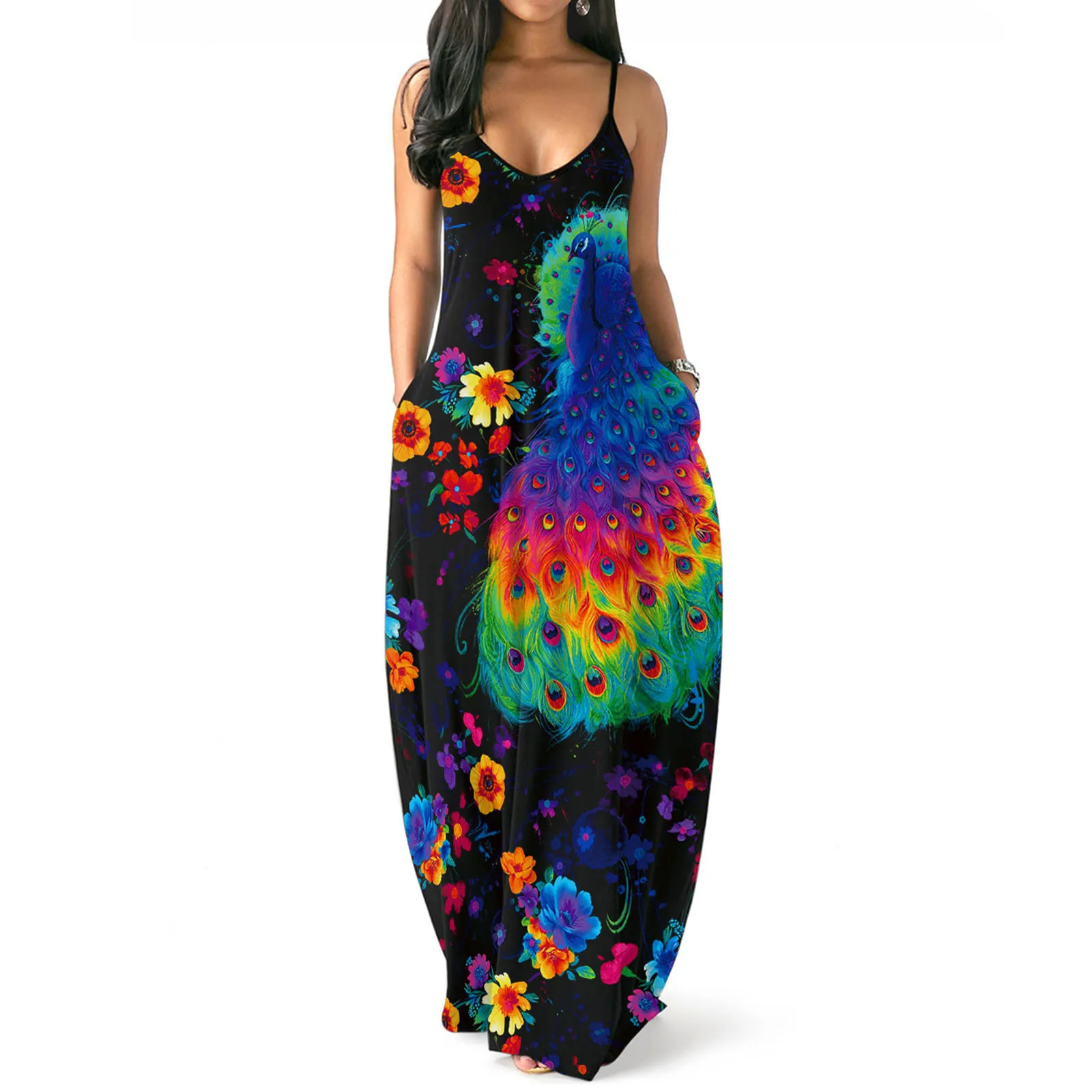 

Женское свободное платье-комбинация, с принтом, без рукавов, с глубоким V-образным вырезом, S/ M/ L/ XL