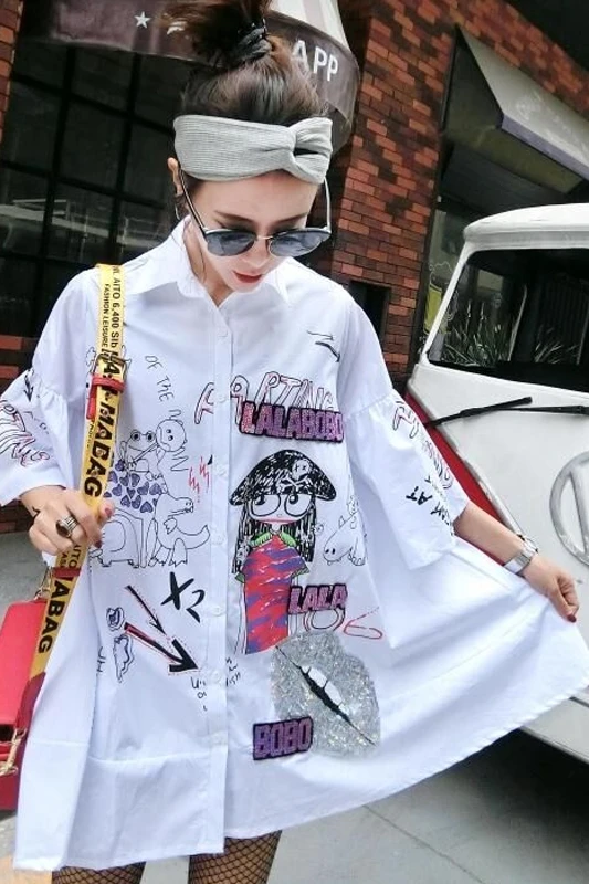 

Thailand tide brand 2020 summer new foreign style port wind graffiti shirt printing sequins irregular mesh shirt women