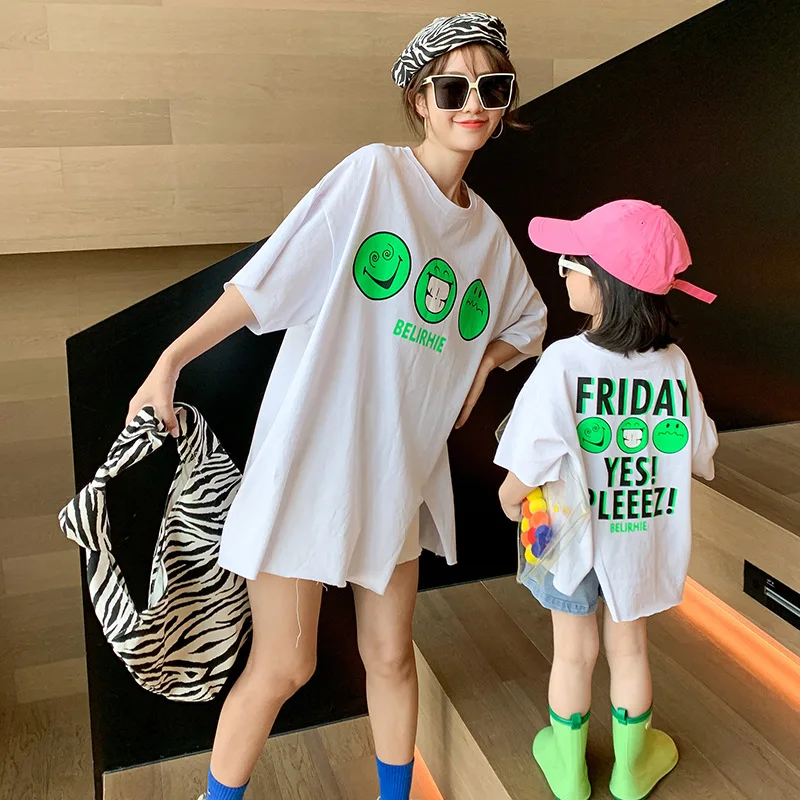 

Family Matching Outfits Mom and Daughter Clothes Sets 2021 Summer Smiling Face of Printing Short Sleeve T-shirt Personality