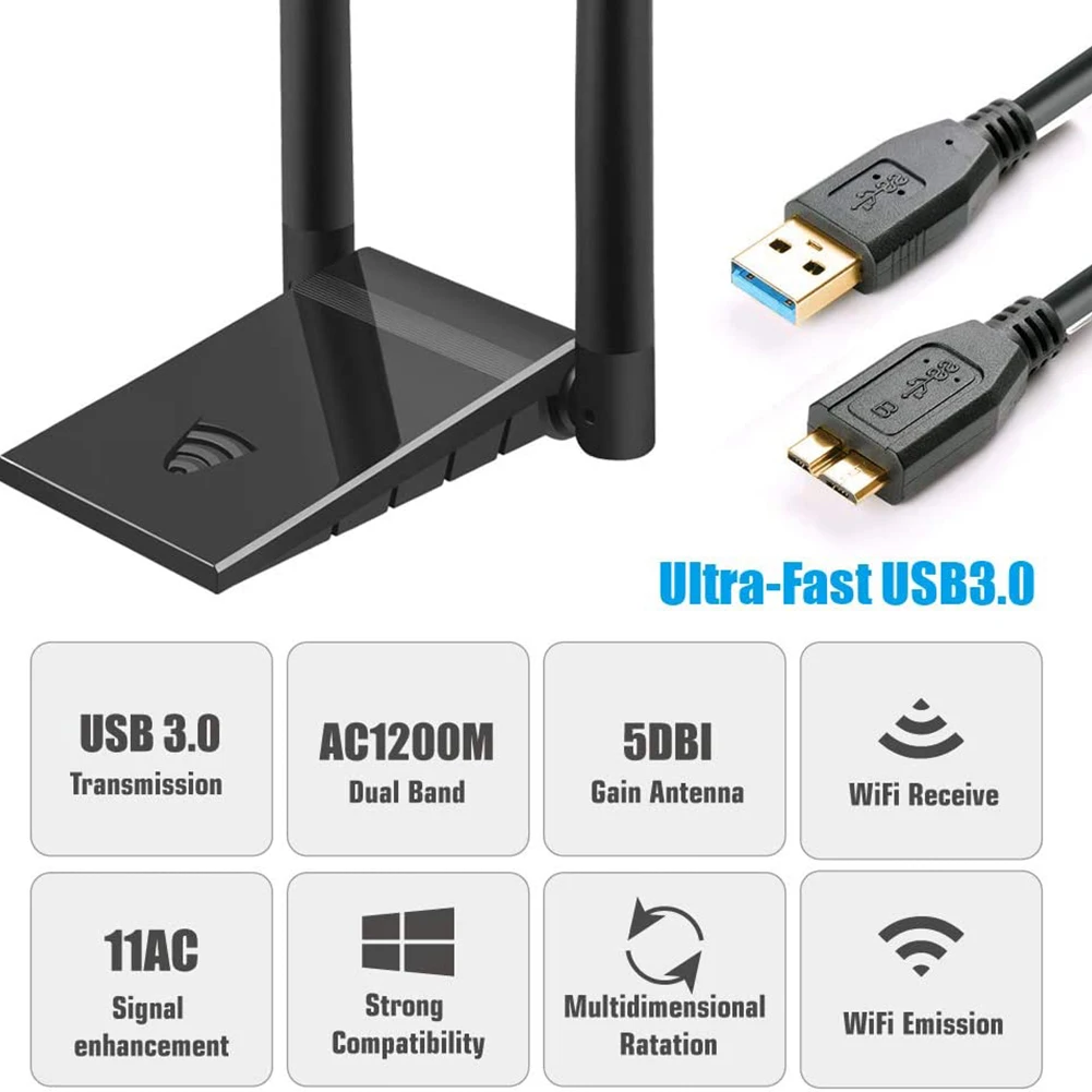 

USB 3.0 WiFi Adapter AC1200 Dual Band 2.4GHz 5GHz Wireless LAN Network Card 6dB Gain Antenna Wi-Fi Dongle Receiver for PC