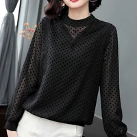 women spring autumn style chiffon blouses shirts lady casual stand collar dot printed long sleeve blusas tops df3786