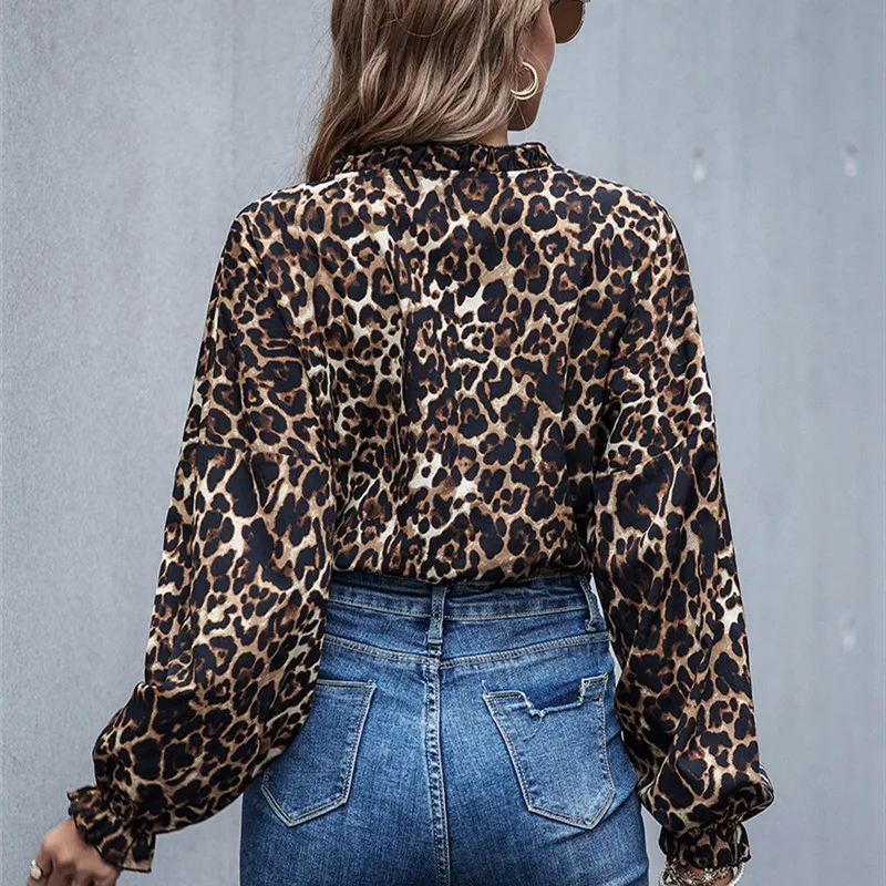 

2020 Casual Leopard Women T-shirts Fashion Vintage V-neck Ruffles Lantern Sleeves Slim Tops