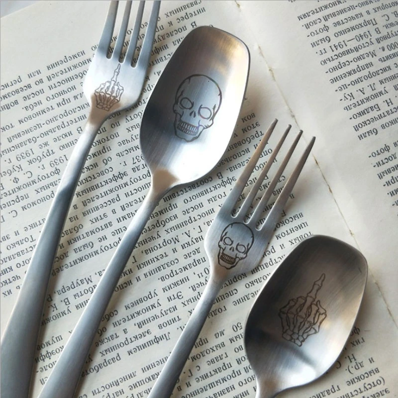 Ложка Вилка белая из нержавеющей стали 304 столовая посуда с гравировкой черепа