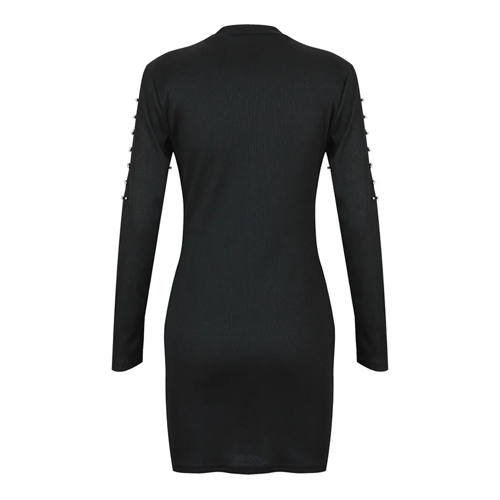 Женские платья Твердой O образный вырез платье Бисероплетение длинного рукав Ropa