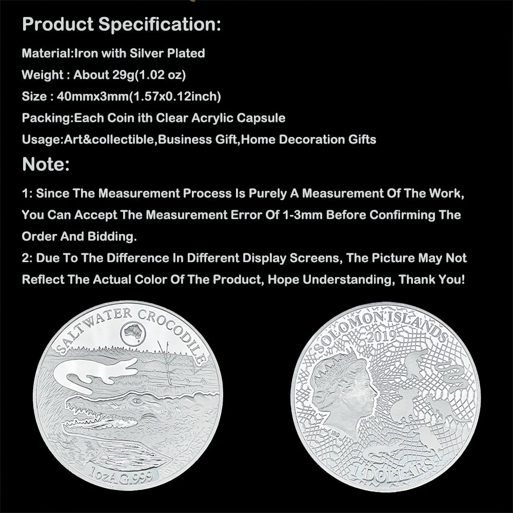 

Silver Plated Animals Saltwater Crocodile 1oz Solomon Islands Souvenirs Commemorative Coins Medal Queen Collectible Coin Gift