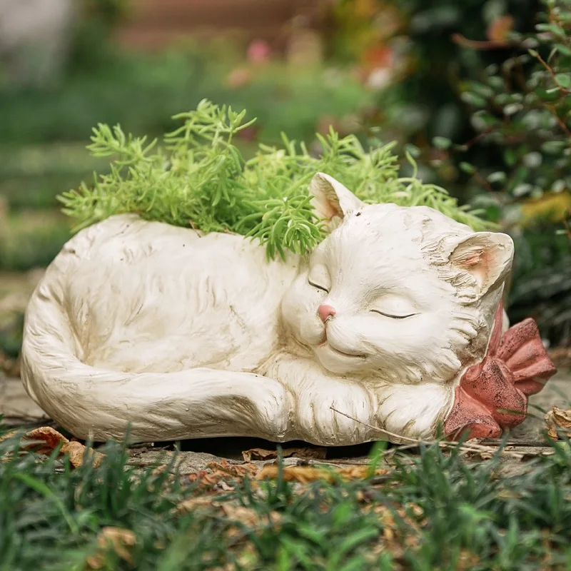 Cat Flower Pot Resin White Cats Sculpture Flowerpot Garden Decor Succulent Plant Handmade Planter Home Garden Animal Statue