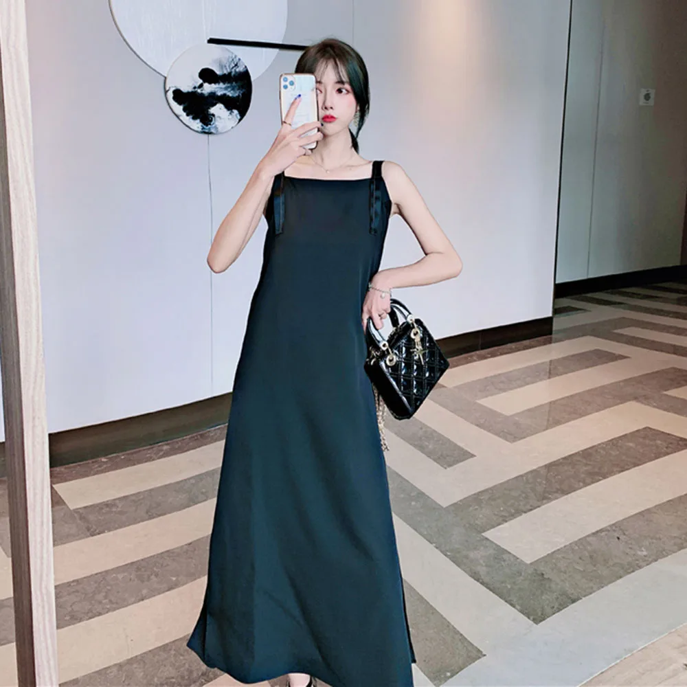 

Korean Japanese Style Women Casual Dress Sleeveless Square Neck Pullover Solid A Line 2021 Spring Fashion Long Dresses