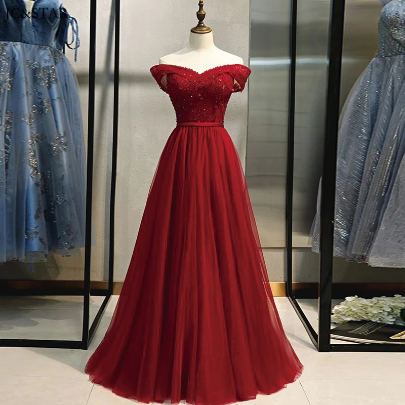 

Vestido boda mujer invitada new tulle crystal sexy V-neck shoulder A Line burgundy elegant dress women for wedding party