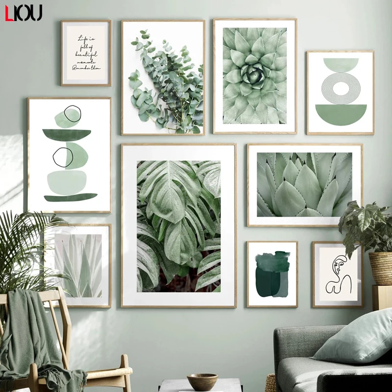 Зеленое растение Агава кактус Абстрактная Геометрия линия настенный