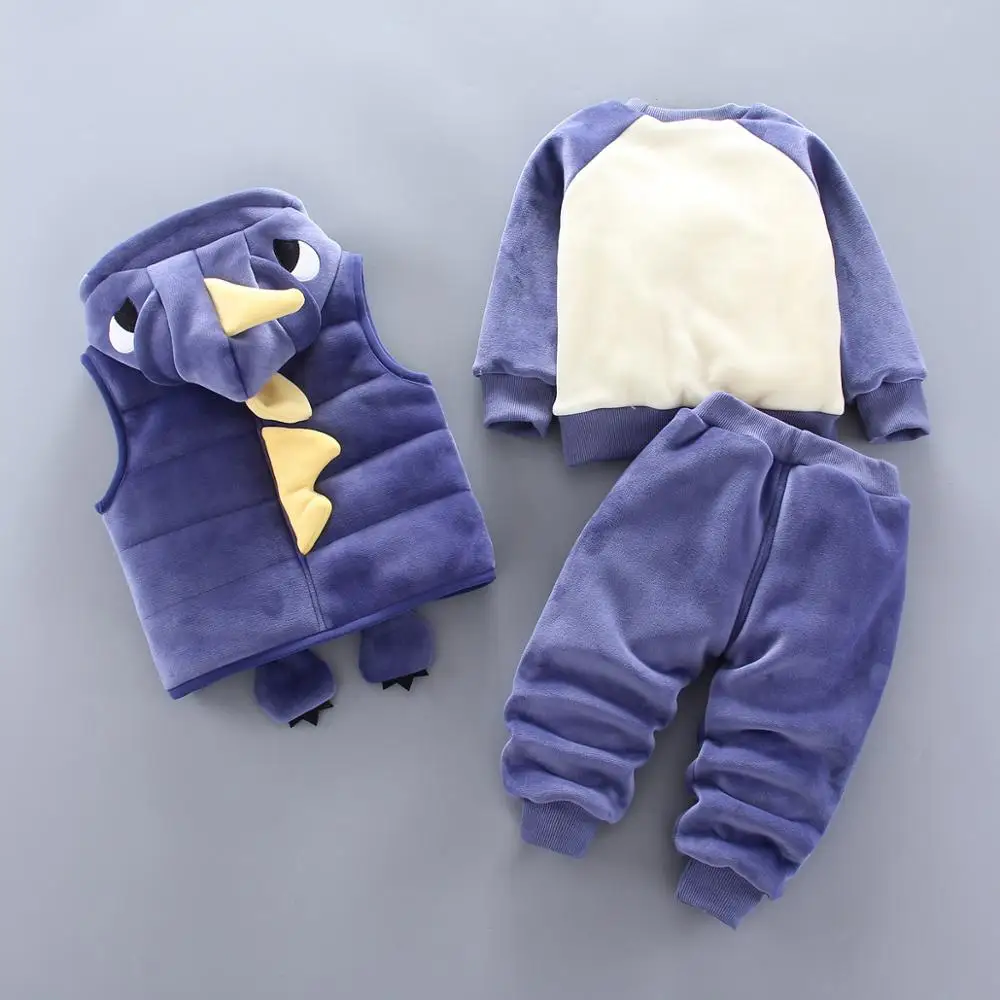 

2020 Children's Winter Clothing Sets Boys Girls Christmas Cartoon Dinosaur Plus Velvet Thick Hooded Jacket + Vest + Pants Suit