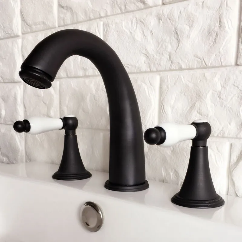 

Black Oil Rubbed Bronze Double Handles 3 Holes Install Widespread Deck Mounted Bathroom Sink Basin Faucet Sink Mixer Tap mhg057
