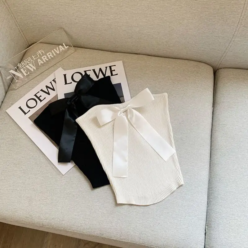 

Juice Snow 2021 New Women Black White Slim Bow-Knot Tube Top Knitted Vest Elegant Bodycon Pin Decoration Sleeveless Tank T-shirt