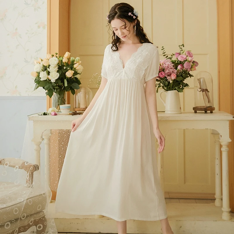 Sexy Lace Vintage Nightdress Sweet Negligee Nightwear V-neck Sleepwear  Ladies Summer Women Nightgowns Dress