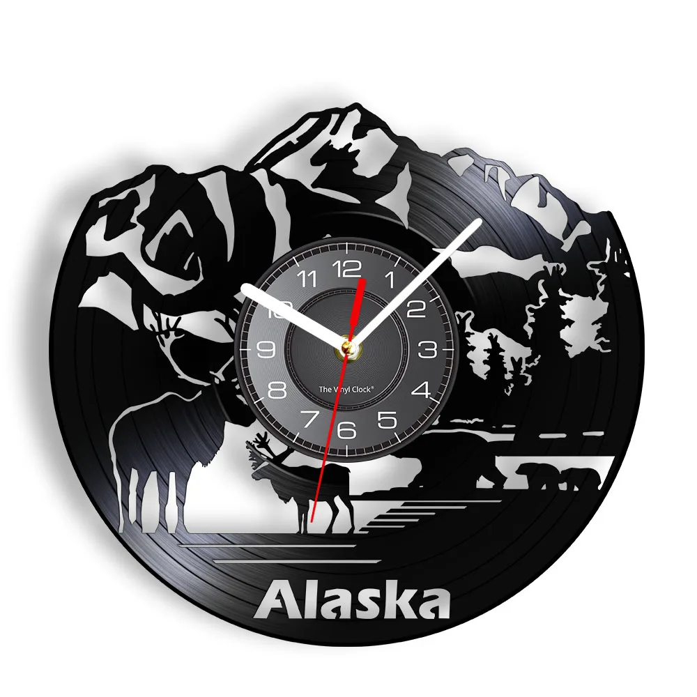 

Настенные часы с виниловой пластиной, аксессуар для творчества в стиле ретро, альбома Аляска, для гостиной, горы Денали и оленя, дикой природы