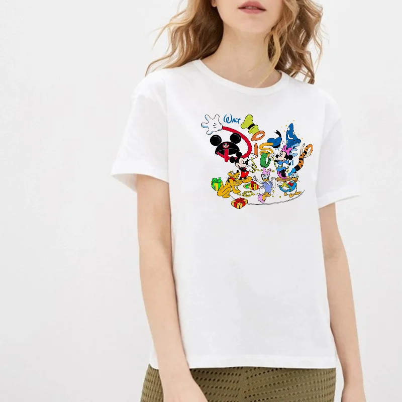 

New Disney T-Shirts Kawaii Cartoon Mickey and His Friends Print Women Tops Fashion O-Neck Short Sleeve White Tee Female Clothing