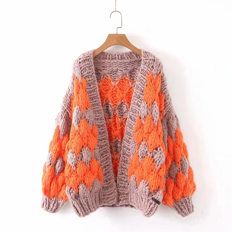 CHICEVER Hit Color Sweater For Women V Neck Lantern Long Sleeve Oversize Cardigans Female Autumn Winter Fashion New 2020 Clothes |