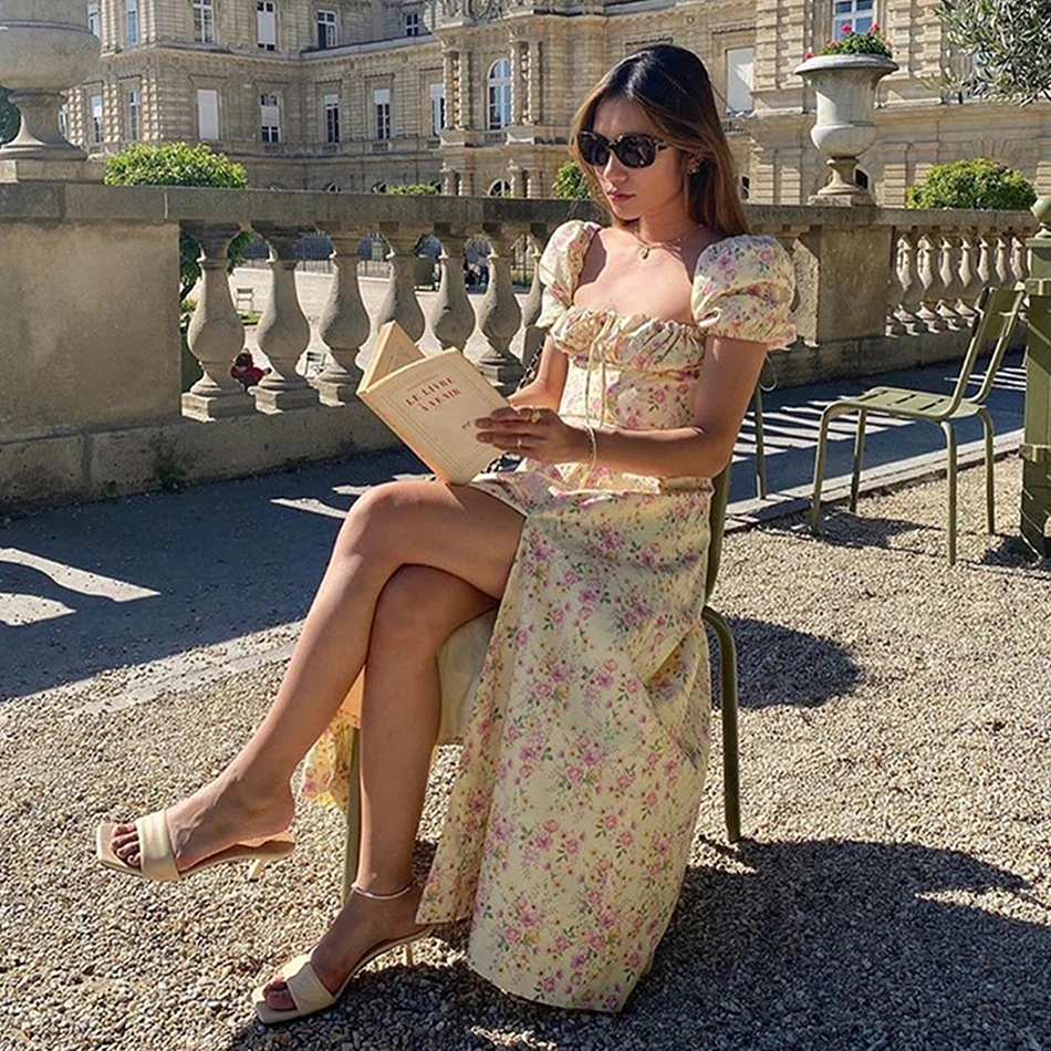 

Floral Print Summer Leisure Vacation Dress Women Short Puff Sleeve Split Midi Long Party Dress Female Sexy 2020 Fashion New