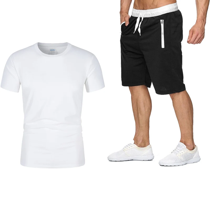

Men's new summer short-sleeved T-shirt and shorts two-piece solid color casual sportswear 100% cotton men's suit