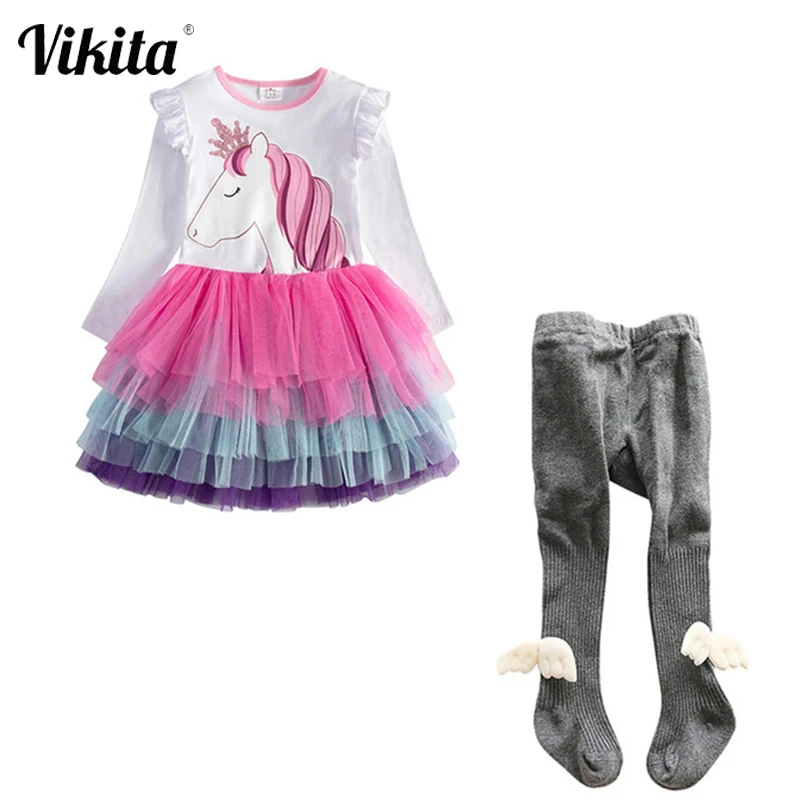 VIKITA/одежда для малышей с единорогом Платье длинными рукавами + леггинсы крыльями