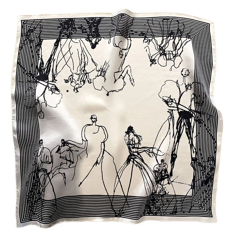 

New 53*53cm Small Square Silk Scarf Ladies Hair Band Women Neck Kerchief Scarves Fashion Character Stripe Print Female Bandana