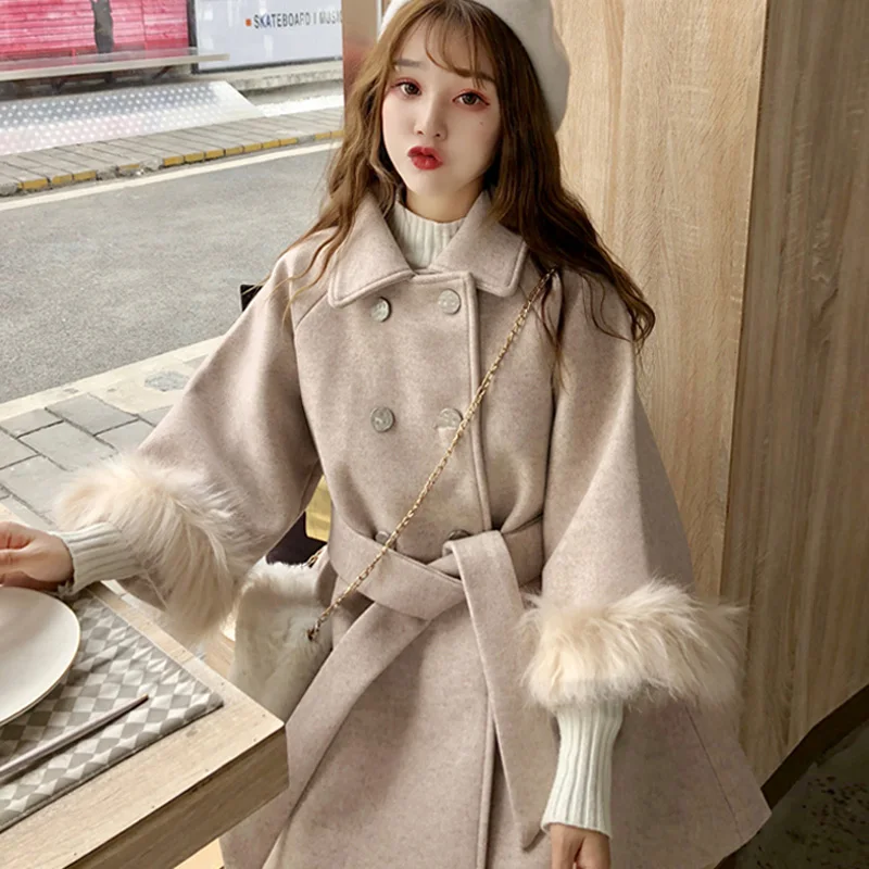 

Winter Women Belt Blend Coat Elegant Lady Turn-Down Collar Tweed Female Overcoat Fur Three Quarter Sleeve Girl A-line Long Coats