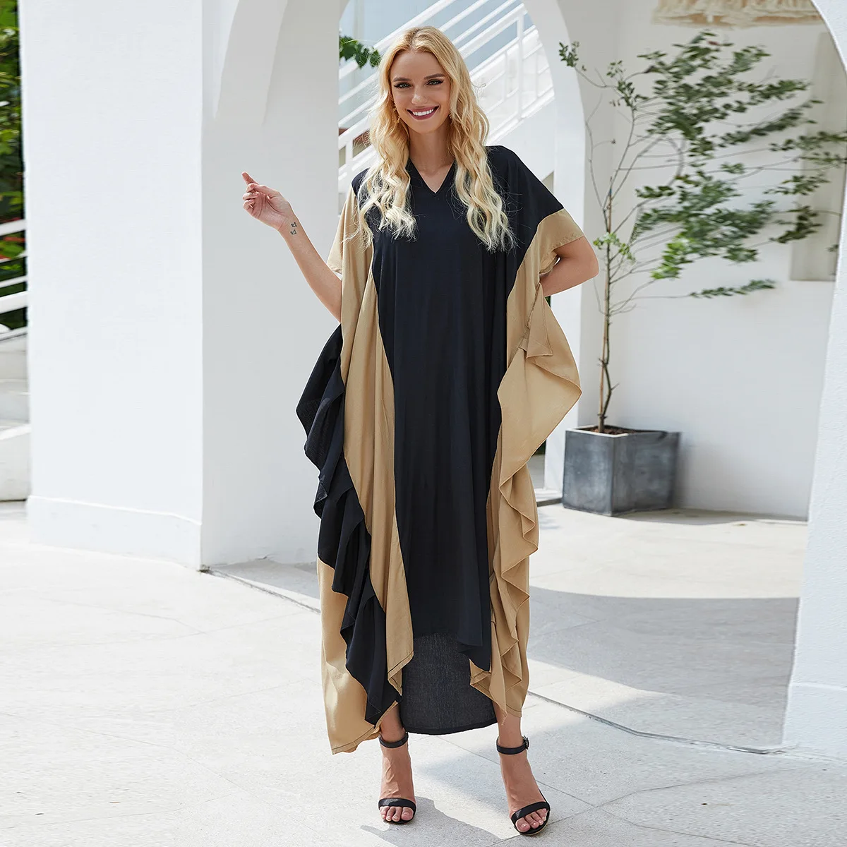 

Muslim women's new style long-sleeved outer wear women's robe color matching long skirt national costume Arab women