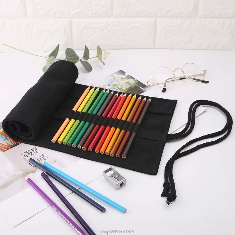 

Black Color School Pencil Case Roller 12/24/36/48/72 Holes Canvas Roll Up Makeup Canvas Pen Bag For Girls Boys Stationery Ja21