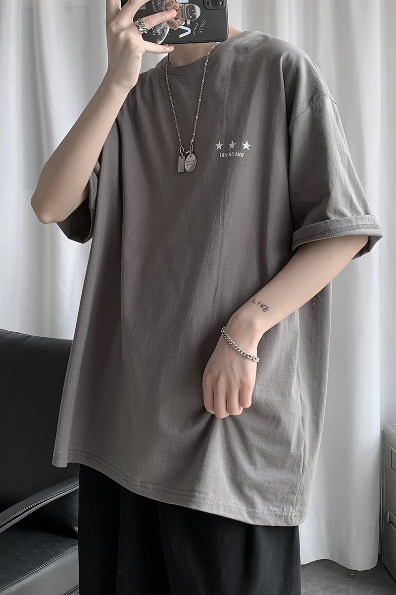 

2021 summer new short sleeve t-shirt men's round neck, Hong Kong style, hip hop trend, Quarter Sleeve