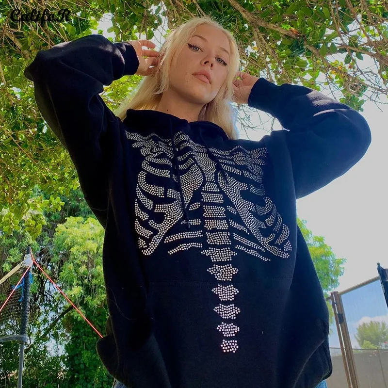 

Sweatshirt Women Fashion Sternum Print Hot Rhinestone Hooded Sweatshirts Women Black Loose Oversized Hoodie Autumn Sweatshirt