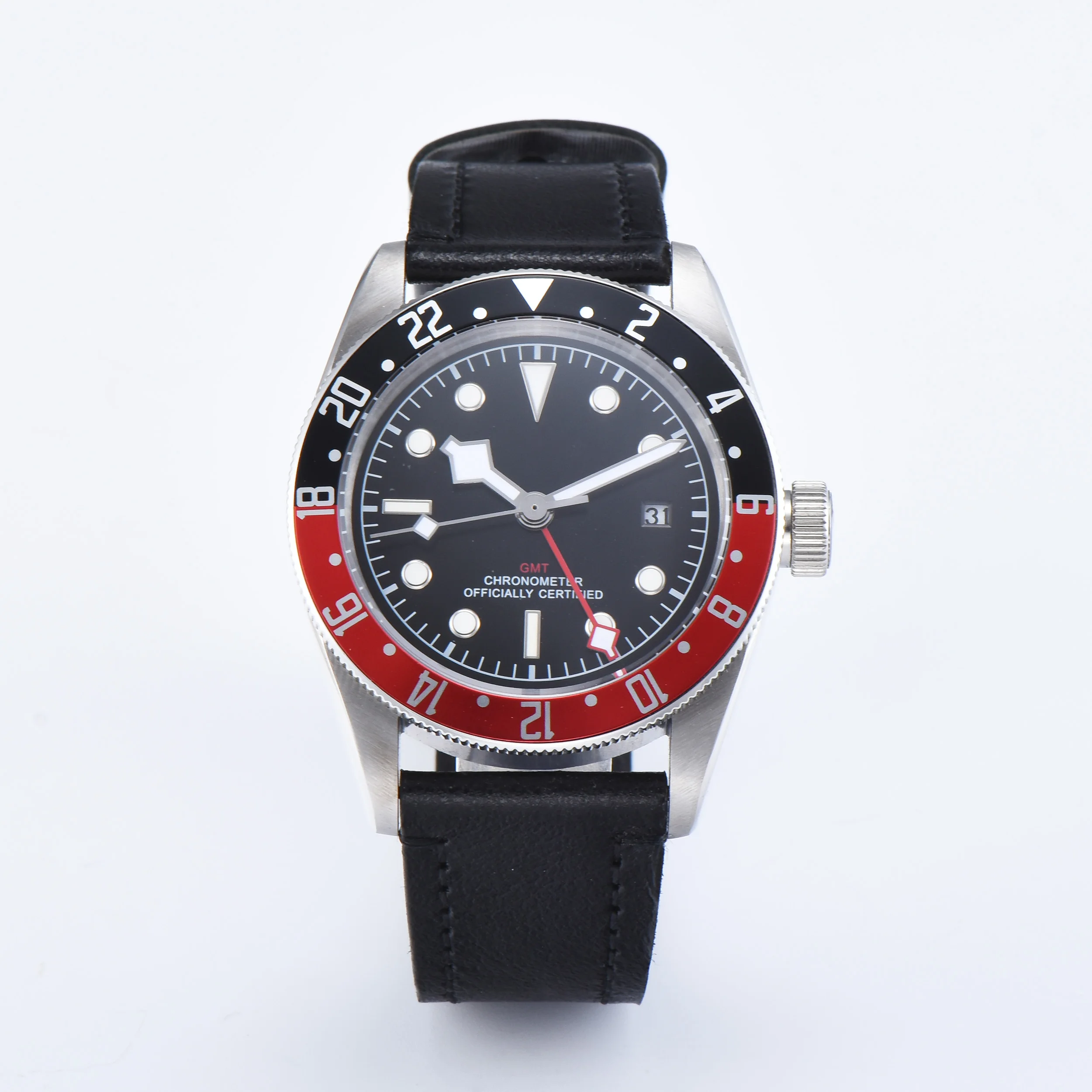Corgeut 41 мм стерильные часы GMT черный циферблат Bay и красный ободок окно даты
